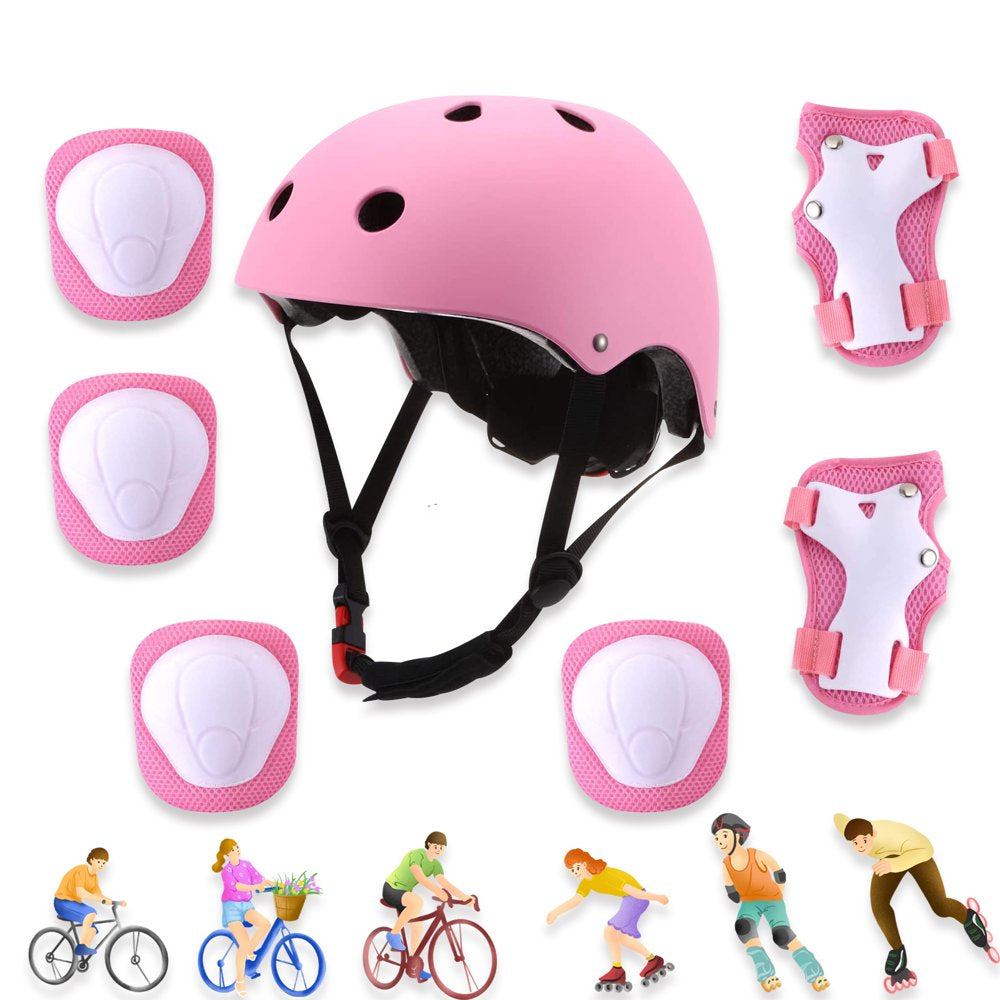 Adjustable Skateboard Helmet with Protective Gear Knee Pads Elbow Pads Wrist Pads for Boys Girls Age 3-10, Kid'S Pink Helmet Set for Bike, Skateboard, Roller Outdoor Sports